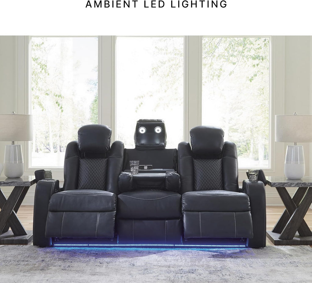 Signature Design by Ashley Fyne-Dyme Power Reclining Sofa with USB Ports and Adjustable Headrest, Drop Down Table, Faux Leather, 21' Seat Height, Blue