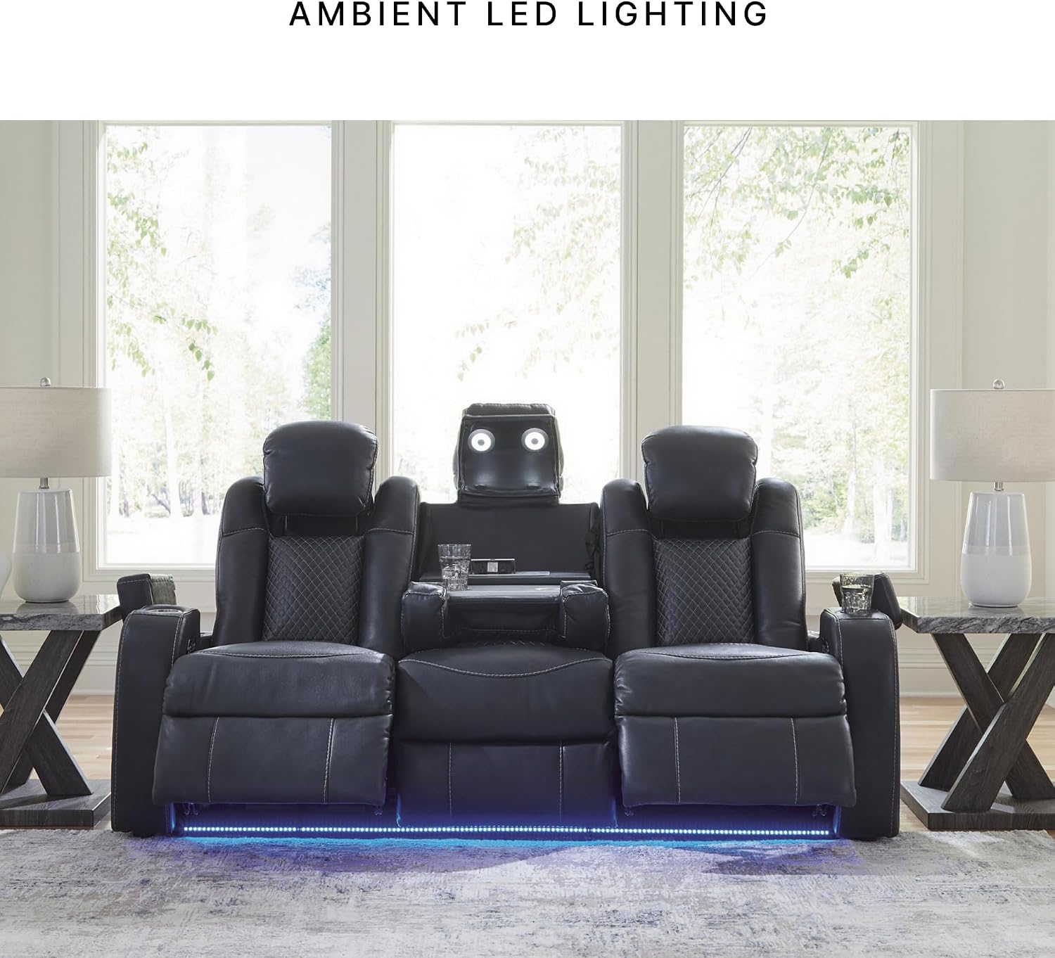 Signature Design by Ashley Fyne-Dyme Power Reclining Sofa with USB Ports and Adjustable Headrest, Drop Down Table, Faux Leather, 21' Seat Height, Blue