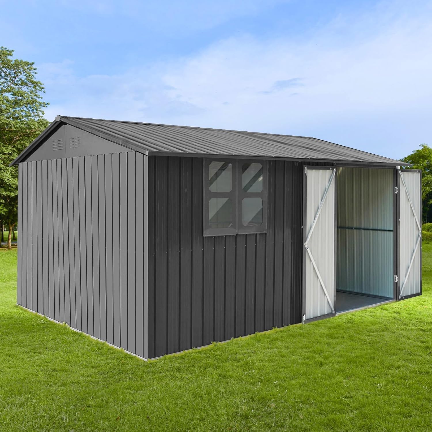 10x12 FT Outdoor Storage Shed, Large Metal Garden Shed with 4-pane Window, Outside Tool Shed with Lockable Hinged Doors & 4 Air Vents, Waterproof Storage Building for Backyard, Patio, Lawn, Gray
