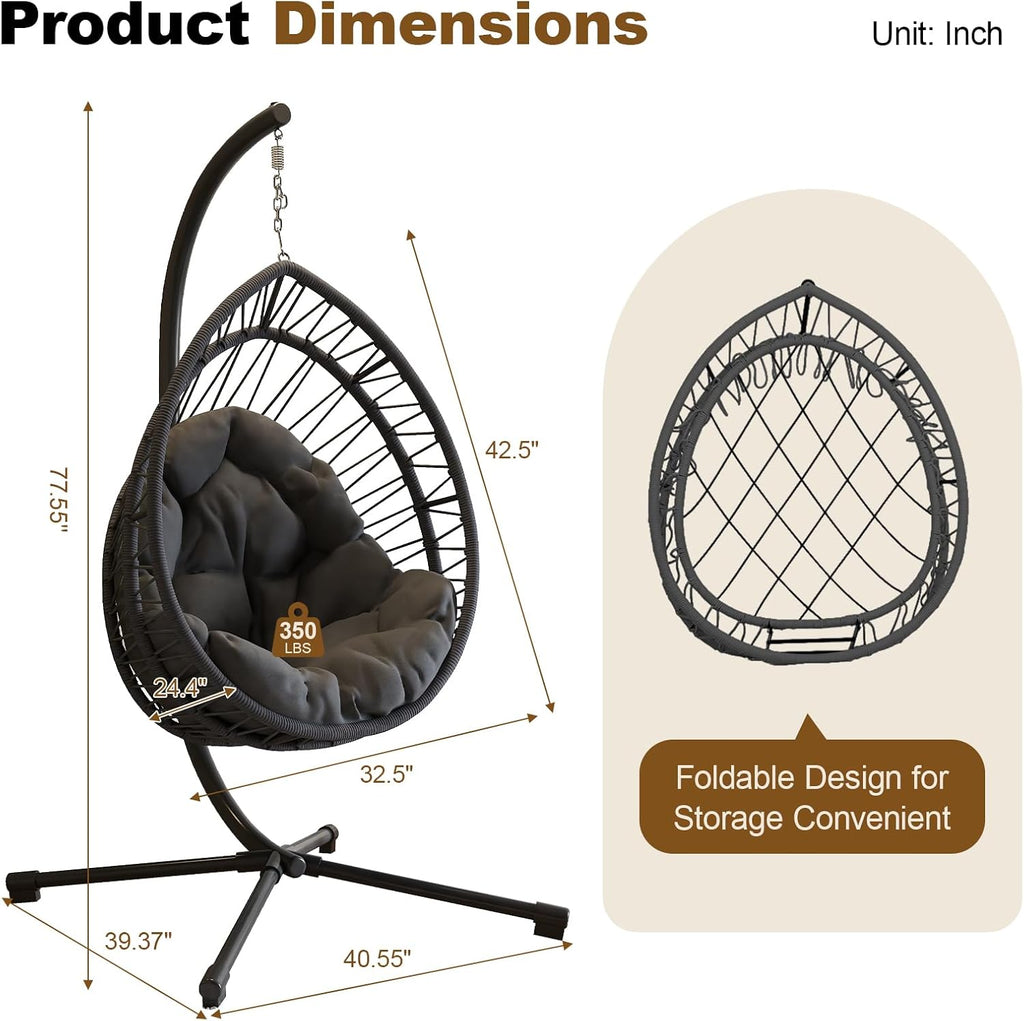 GOWE Outdoor Egg-Shaped Hanging Chair with Stand, Patio Egg-Shaped Swing Chair, Indoor Rocking Chair, Outdoor Hammock Egg-Shaped Chair, Dark Gray