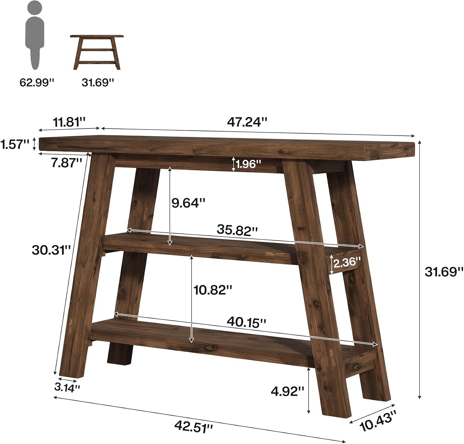 Solid Wood Console Table, 47.24' Long Farmhouse Entryway Table with 3-Tier Shelves, Rectangular Couch Tables Behind Sofa, Narrow Accent Tables for Hallway, Entrance, Foyer, Living Room (Dark Brown)