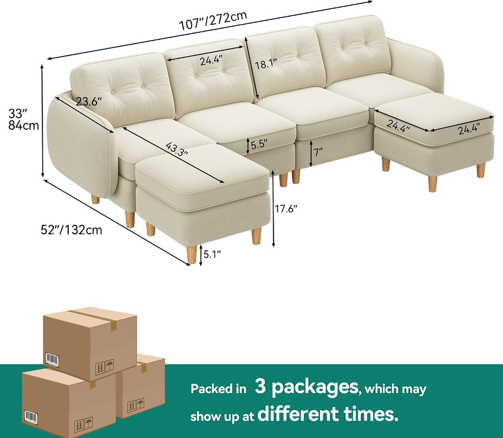 DWVO 107'' Modular Sectional Sofa, 6-Seater Sectional Couch with Curved Armrests and 4 Pillows, Convertible U Shaped Couch with High-Density Memory Foam for Living Room, Beige