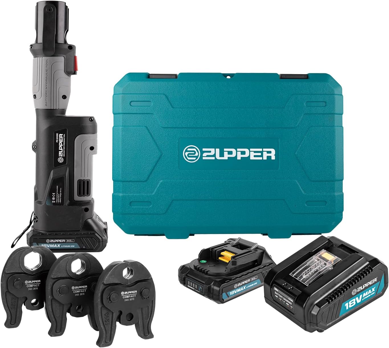 ZUPPER Press Tool, 18V Electric Pipe Crimping Tool for 1/2', 3/4', 1' Copper Pipes, Compact Press Tool Kit Suitable for Copper ProPress fittings - with 3 VUS Press Jaws, 2pcs Battery