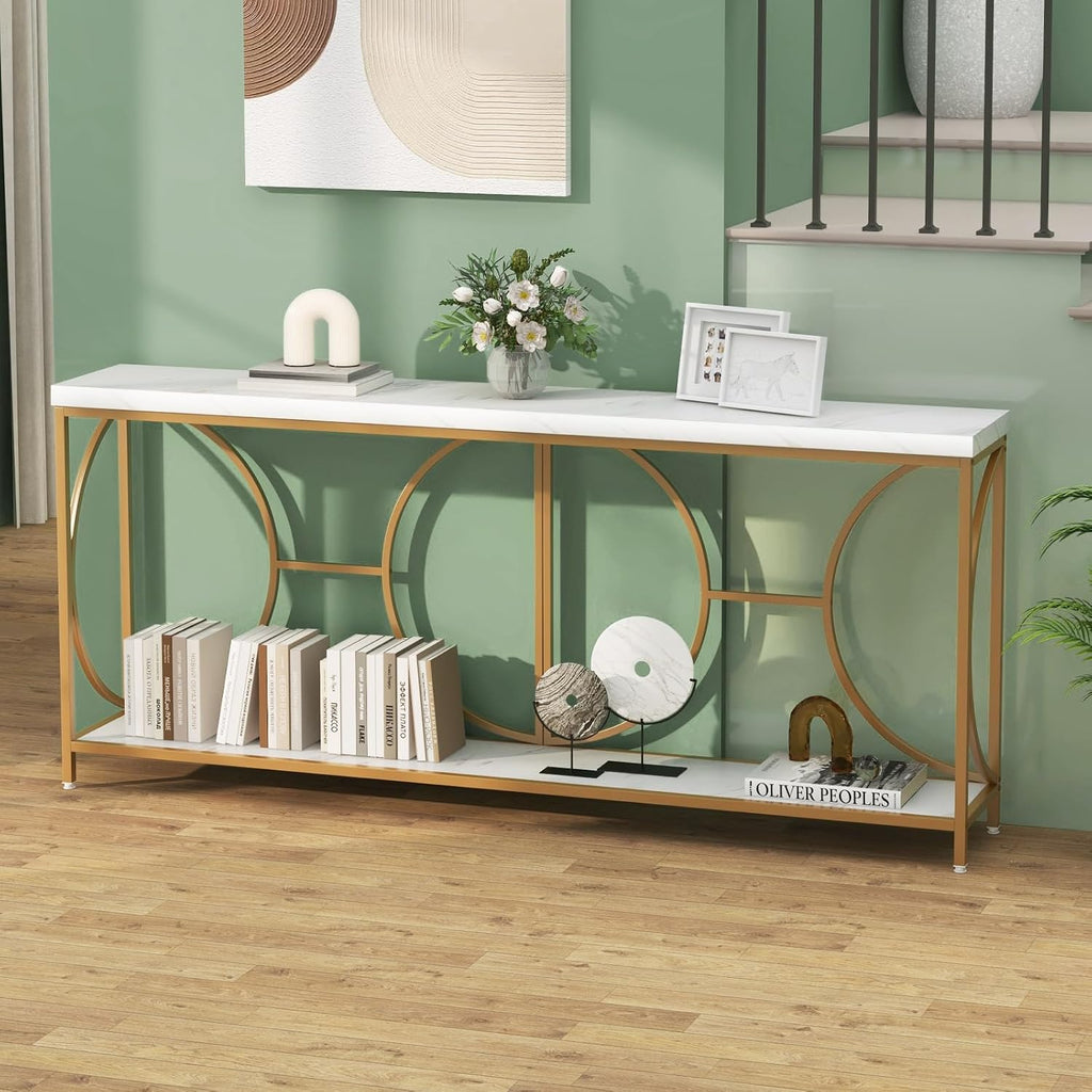 Giantex 71' Console Table, 2-Tier Extra-Long Gold Entryway Table w/Storage Shelf, Faux Marble Top, Narrow Sofa Table with Geometric Frame, Behind Couch Entry Table for Living Room, Hallway, Foyer