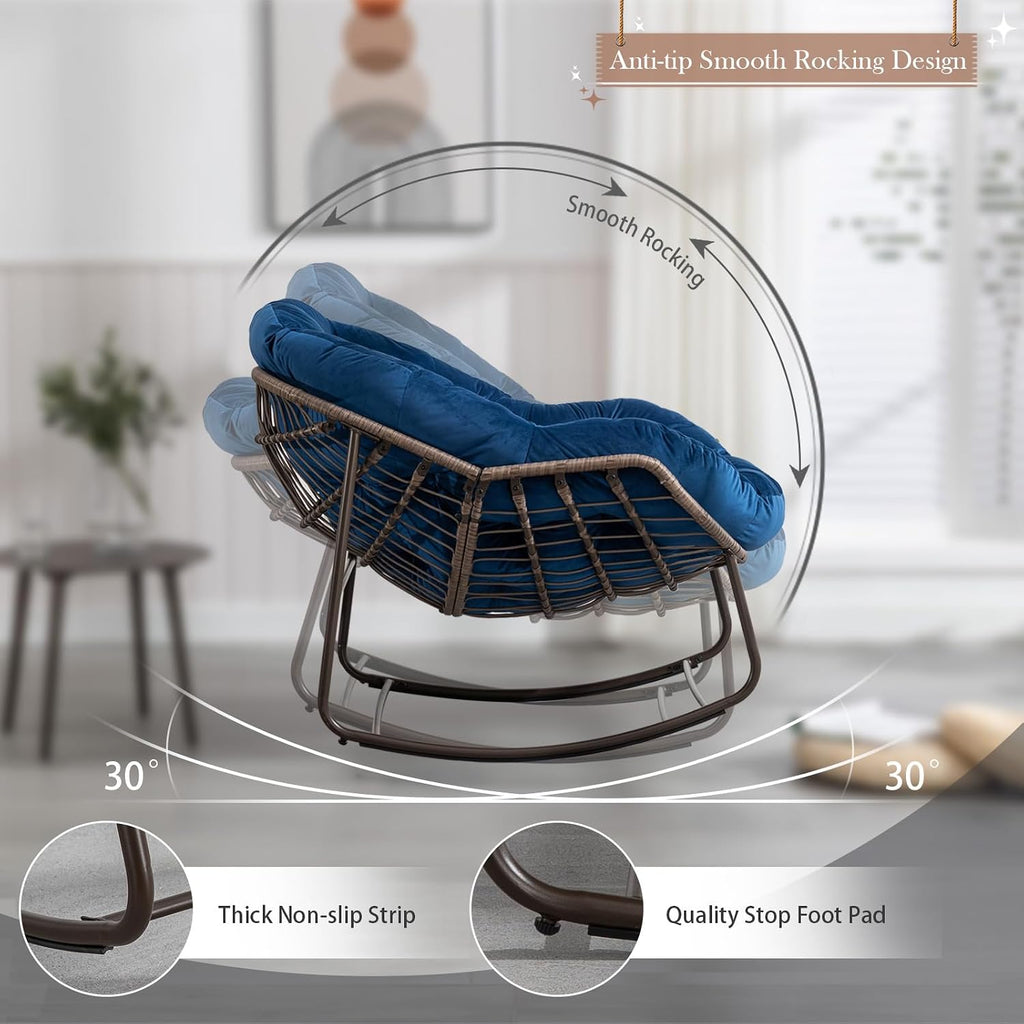 Outdoor Rocking Chair, Indoor Rattan Rocker Egg Chair, Comfy Oversized Papasan Chair with Thicker Cushion for Patio, Front Porch, Backyard, Garden, Balcony, Lounge, Living Room, Patio,Navy