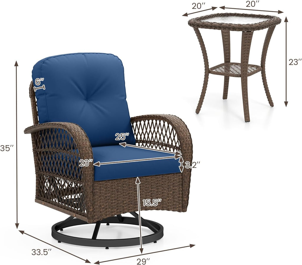 ORALNER 3 Pieces Wicker 360° Swivel Rocker Set Patio Furniture, Rocking Chairs with Cushions, Tempered Glass Coffee Table, Outdoor Rattan Bistro Set for Balcony Front Porch Deck Poolside (Navy)