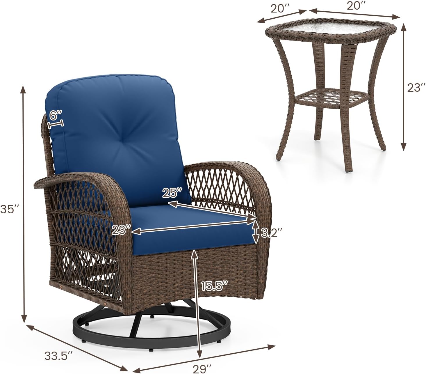 ORALNER 3 Pieces Wicker 360° Swivel Rocker Set Patio Furniture, Rocking Chairs with Cushions, Tempered Glass Coffee Table, Outdoor Rattan Bistro Set for Balcony Front Porch Deck Poolside (Navy)