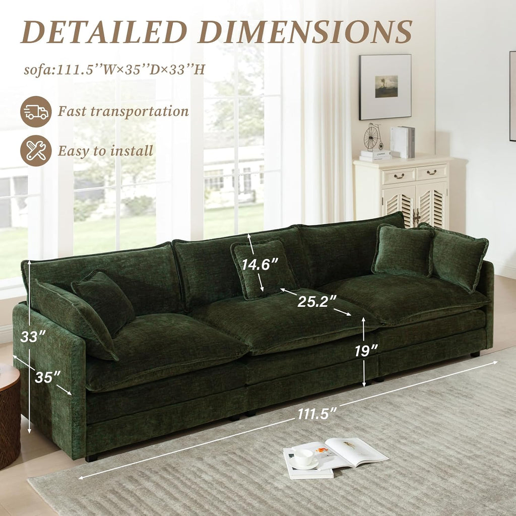 SoarFlash Chenille Sectional Sofa, Comfy Modular Loveseat Sofa, Modern 3-Seat Couch Deep Seat Sofa Set for Living Room,Green