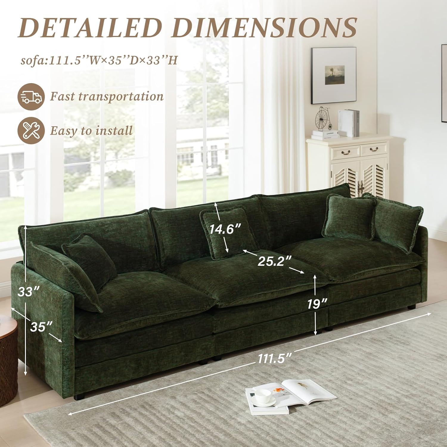 SoarFlash Chenille Sectional Sofa, Comfy Modular Loveseat Sofa, Modern 3-Seat Couch Deep Seat Sofa Set for Living Room,Green
