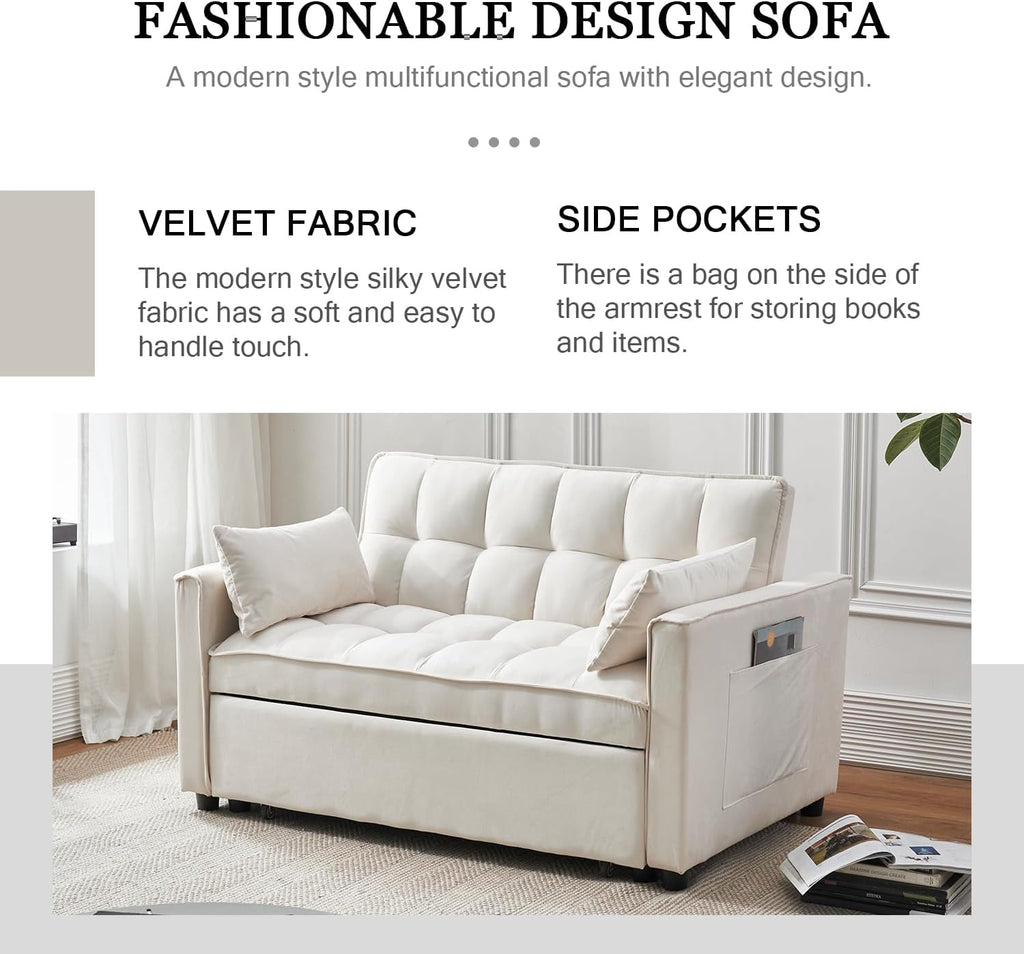 ECHINGLE 54.8'' Sleeper Sofa Bed 3-in-1 Convertible Couch with Pullout Bed, Reclining Backrest, Storage Pockets – Modern Space Lounge Furniture for Living Room, Includes Toss Pillows,Beige