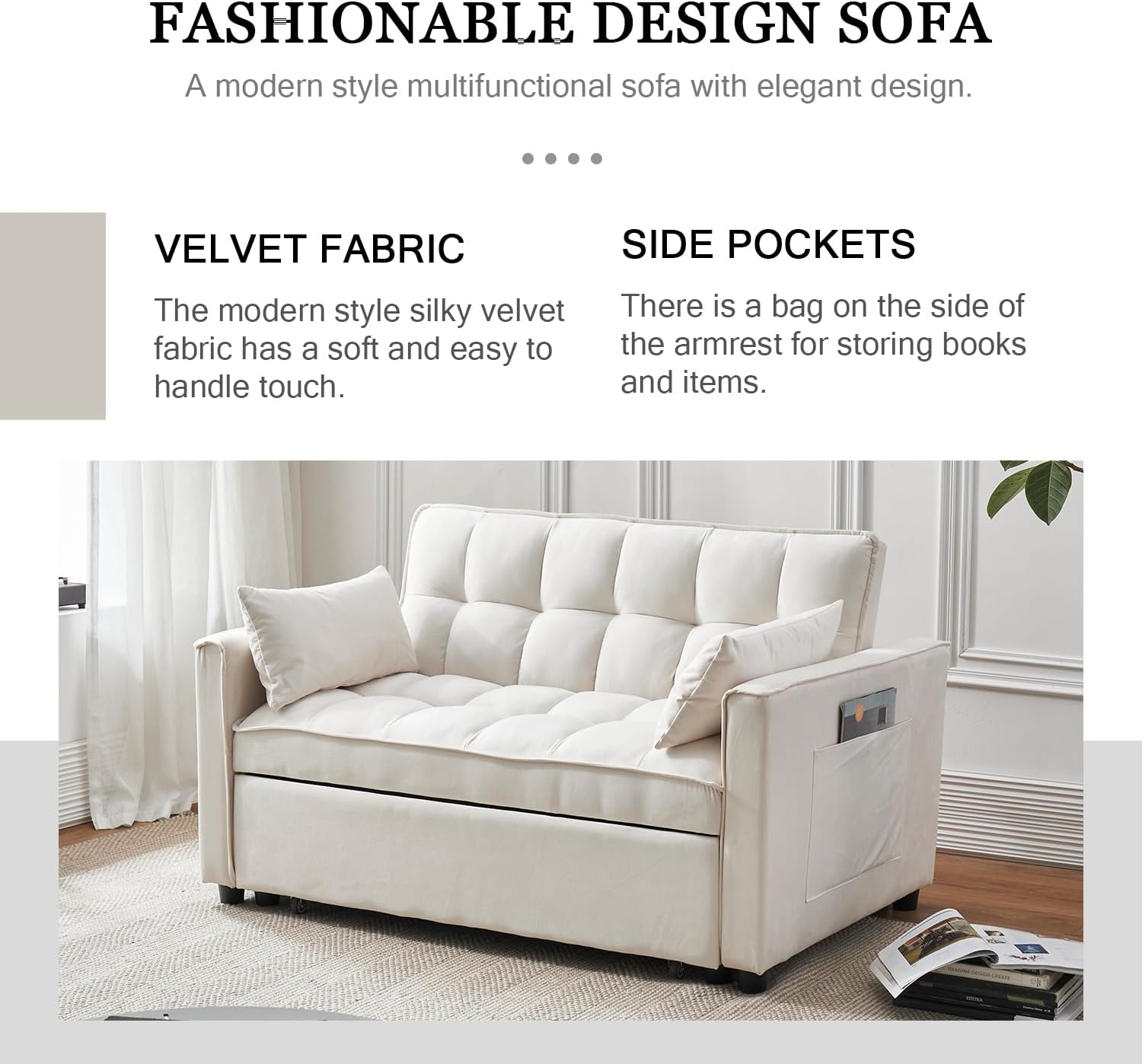 ECHINGLE 54.8'' Sleeper Sofa Bed 3-in-1 Convertible Couch with Pullout Bed, Reclining Backrest, Storage Pockets – Modern Space Lounge Furniture for Living Room, Includes Toss Pillows,Beige