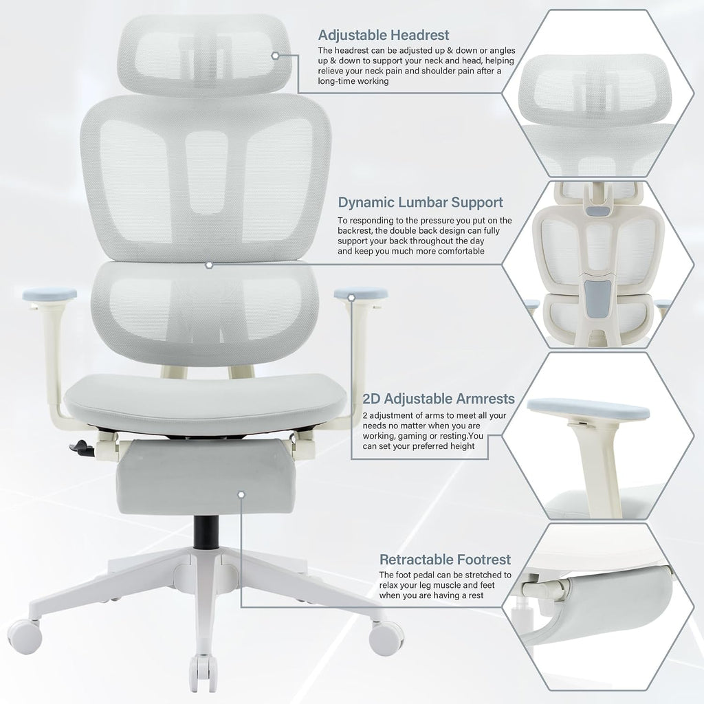 Ergonomic Mesh Office Chair with Retractable Footrest - High Back Computer Chair, Lumbar Support, Adjustable Armrest and Headrest, Durable Base - Multifunctional Home Office Desk Chair for Adults