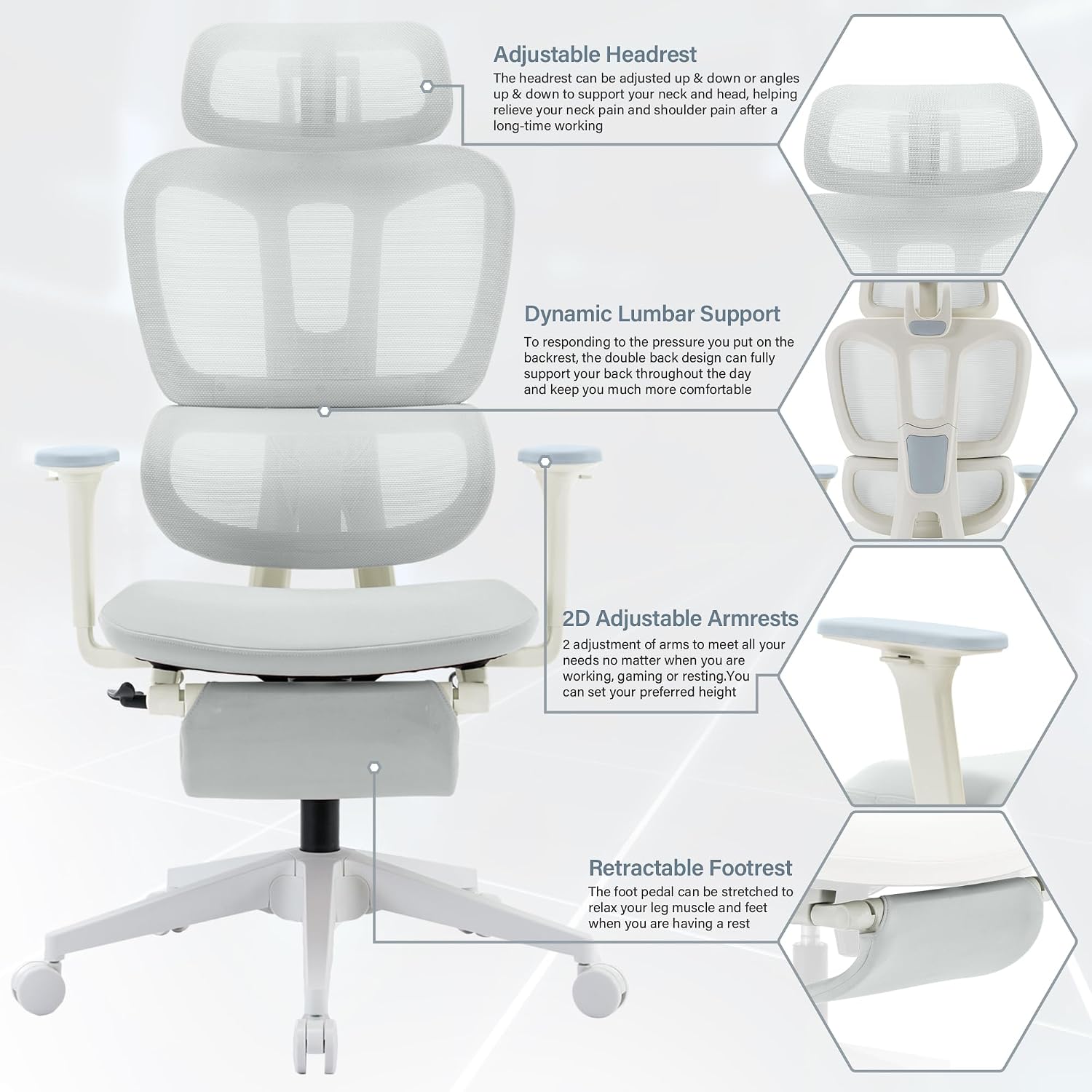 Ergonomic Mesh Office Chair with Retractable Footrest - High Back Computer Chair, Lumbar Support, Adjustable Armrest and Headrest, Durable Base - Multifunctional Home Office Desk Chair for Adults