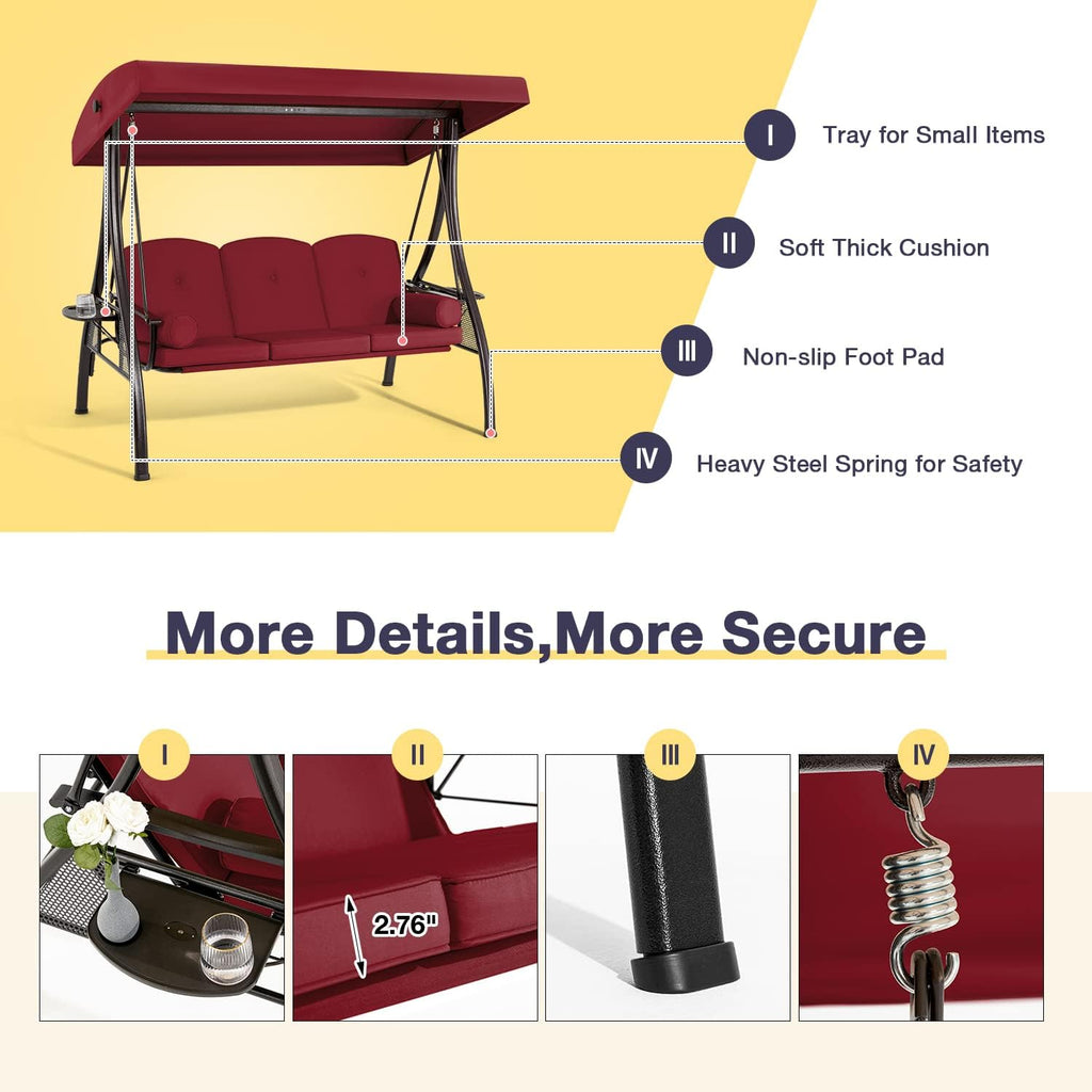 HOMREST 3 Person Outdoor Porch Swing with 1.5' Upgraded Cup Holder, Adjustable Canopy, Backrest, Patio Swing Bed with Weather Resistant Steel Frame, Cushions for Garden,Deck and Poolside(Wine Red)