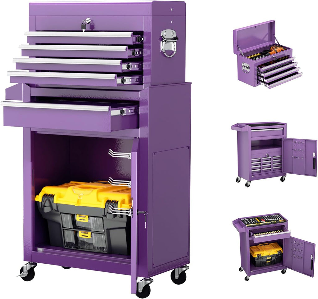 Oakcloud Heavy-Duty 5-Drawer Rolling Tool Chest & Cabinet Combo with Black Liner – Lockable Steel Garage Tool Box on Wheels – Detachable Top Toolbox & Bottom Storage Cart with Side Hooks, Purple