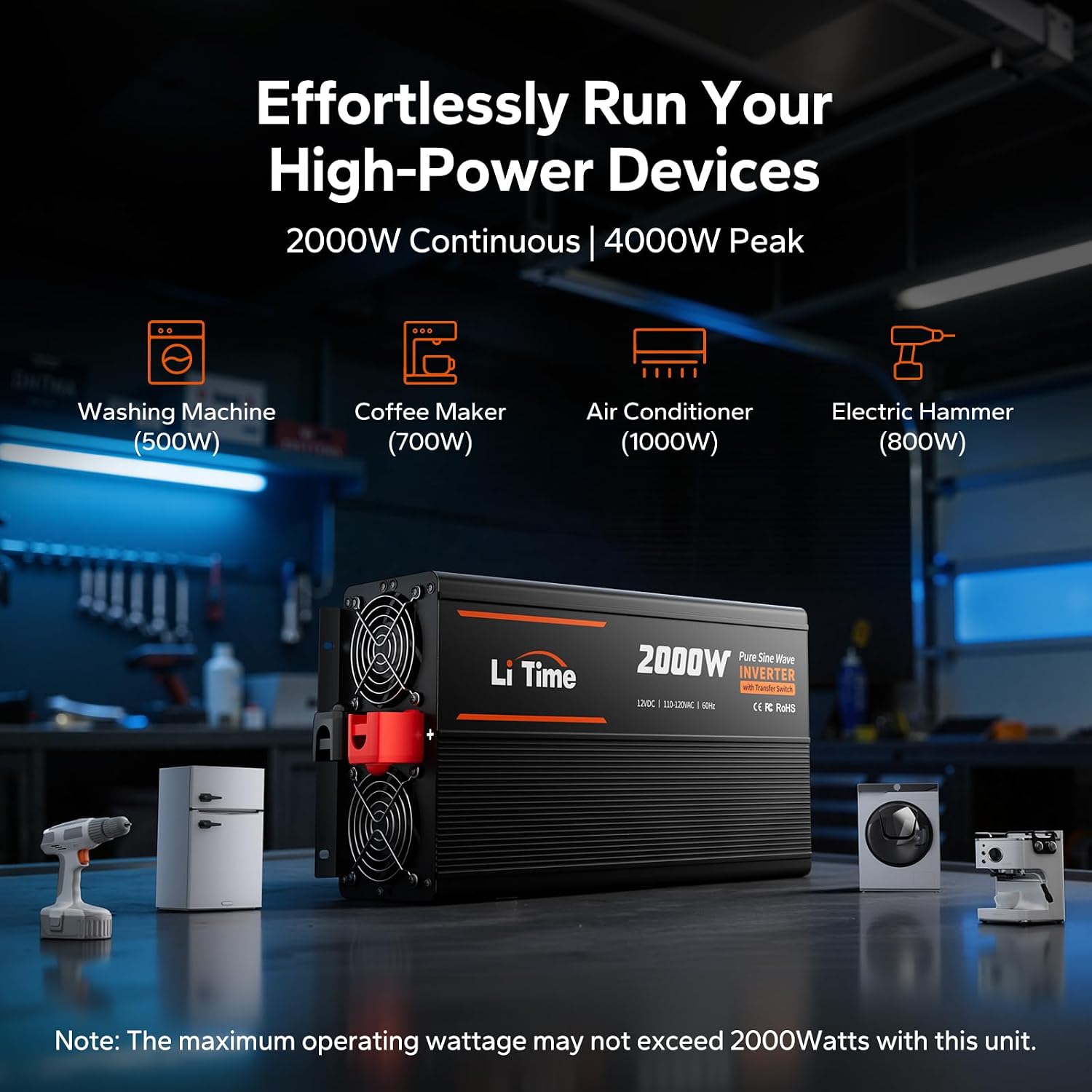 Litime 2000W Pure Sine Wave Power Inverter with ATS Transfer Switch, 12V DC to 120V AC Converter, 4000W Peak, Remote LCD Controller, USB & Type-C for RV, Truck, Home, Camping