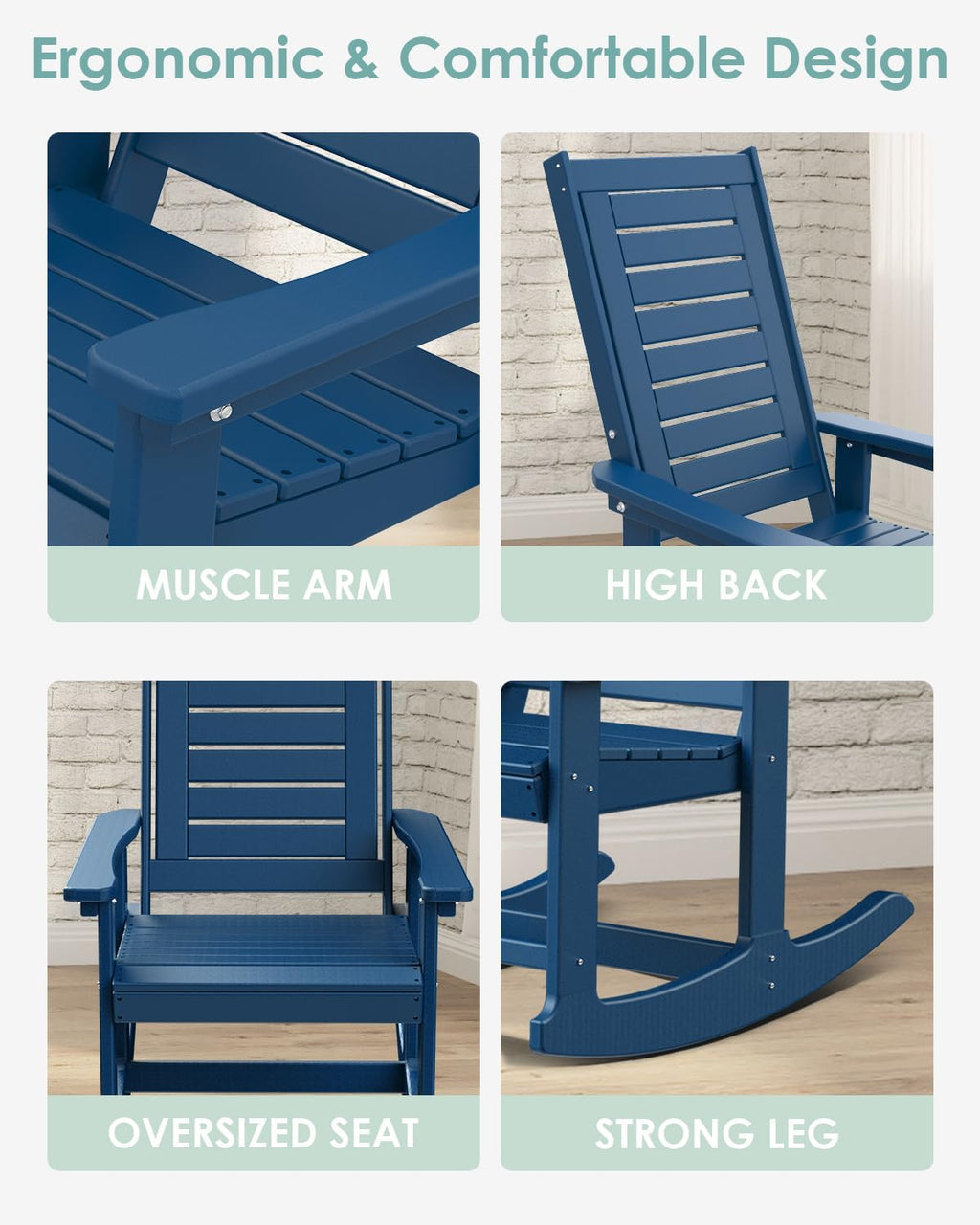 IVY&LANE Outdoor Rocking Chairs Set of 2 | Porch-Rockers | Blue | HDPE Plastic | All-Weather | High Back | Wide Seat | Oversized Patio Rocker for Adult | for Outside Deck Balcony Garden