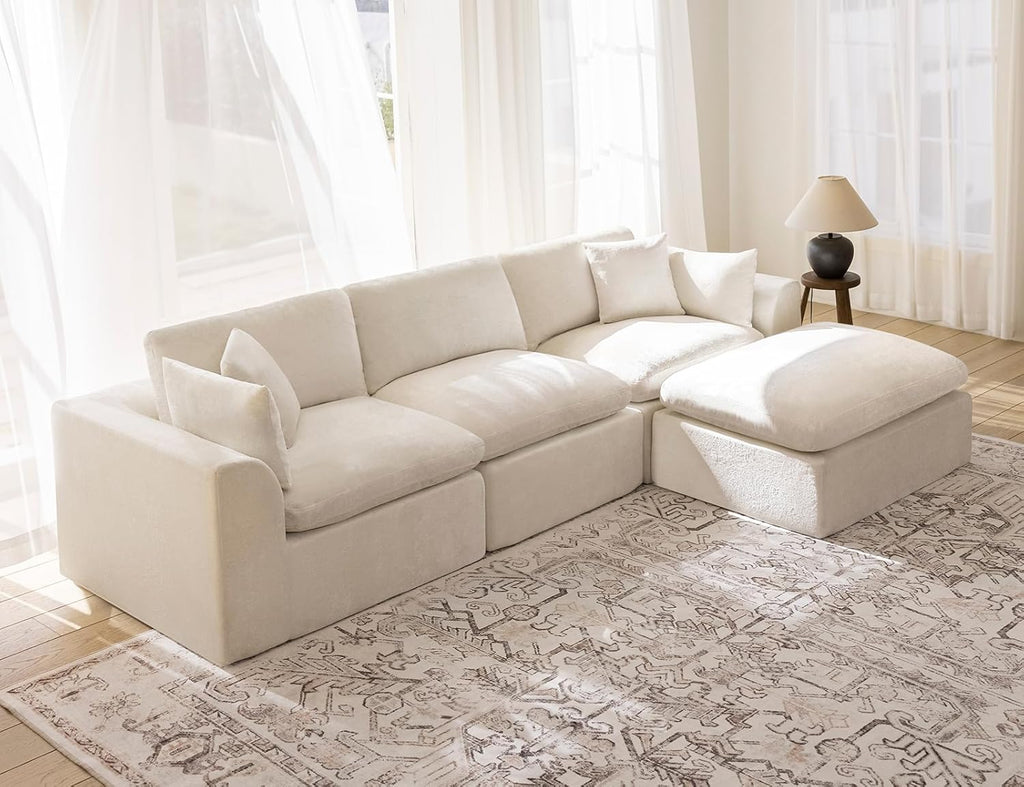 115' Modular Sectional Sofa, Modern Cloud Sectional Couch with Deep Seat, L-Shape Boneless Couch for Living Room,No Assembly Required,Warm White(3 Seater + 1 Ottoman)