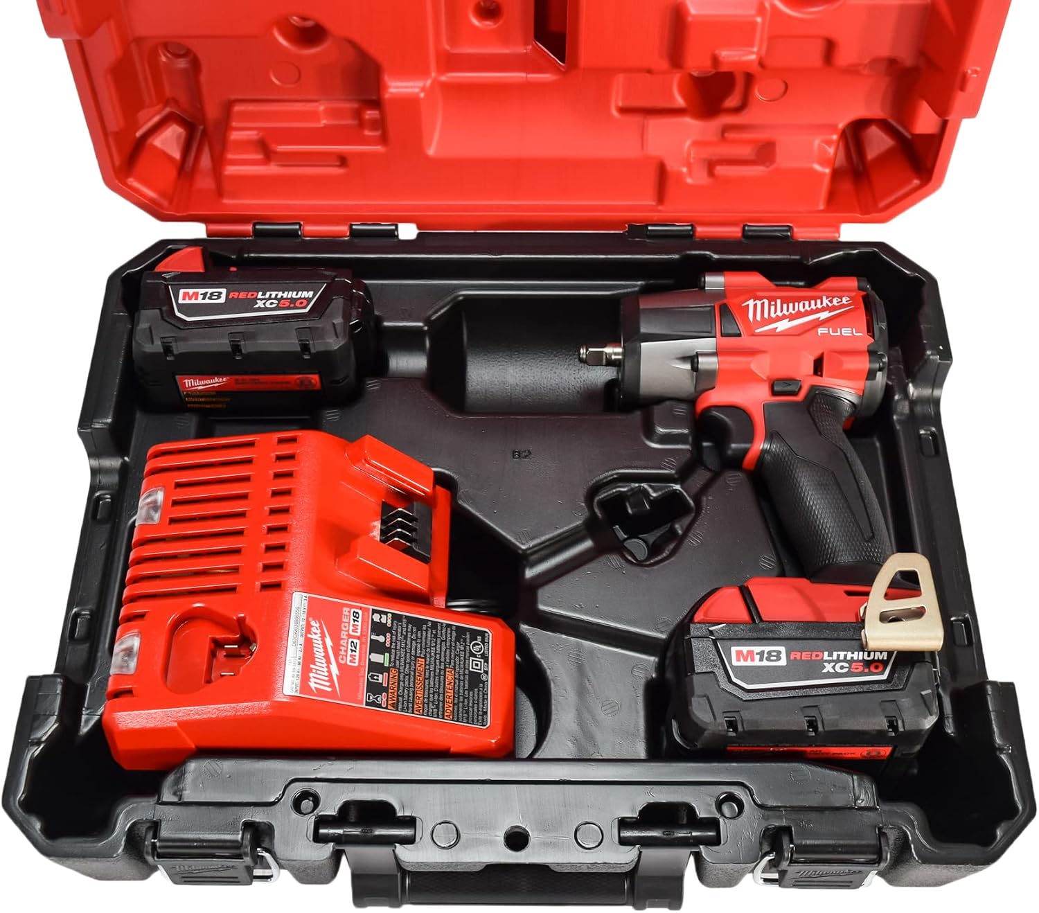 Milwaukee M18 18V Fuel 3/8' Mid-Torque Impact Wrench Kit Cordless Lithium-Ion Brushless 2960-22 with (2) 5Ah XC Batteries, Charger & Carrying Tool Case
