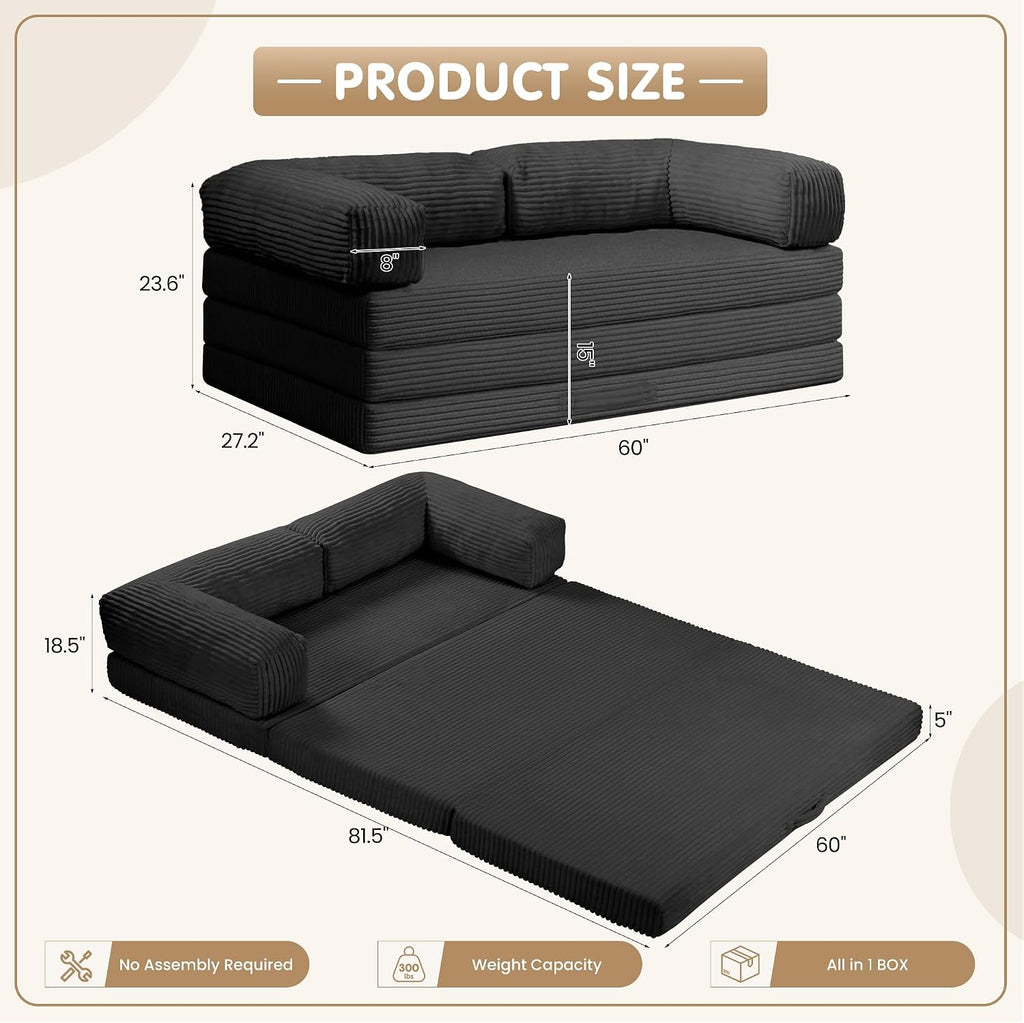 5-in-1 Convertible Sofa Bed,60' Boneless Couch Tri Folding Floor Mattress with Removable L-Shaped Armrests & Handle,Corduroy Futon Couch Sleeper with Pull Out Bed for Living Room Bedroom Apartment