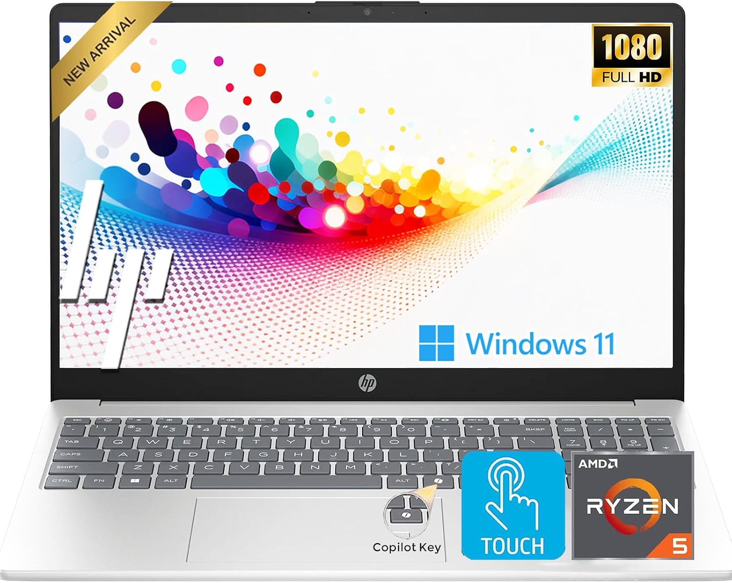 HP Touchscreen 15.6' FHD Business Laptop Computer | 2026 Edition | AMD Ryzen 5 (Up to 4.3GHz) | 8GB DDR5 RAM, 256GB PCIe SSD | AI Copilot Key | Windows 11 with Office 365 for The Web • w/o Mouse