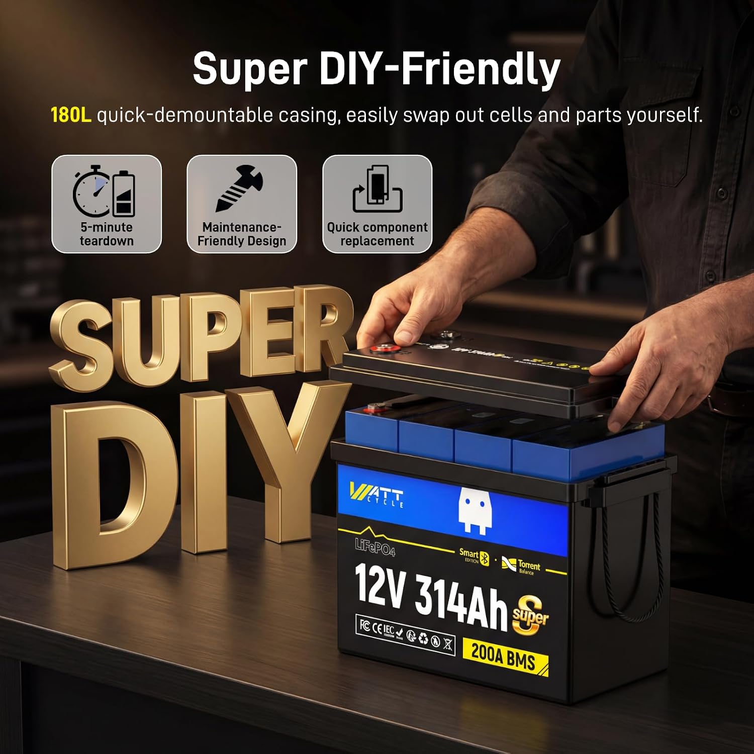Wattcycle 12V 314Ah Mini LiFePO4 Battery, 12V Super Mini Lithium Batterys with Bluetooth, Built-in 200A BMS, 3A Active Balancer, 4-in-1 Smart Switch, 4.01kWh 6000+ Deep Cycles Battery for RV, Solar