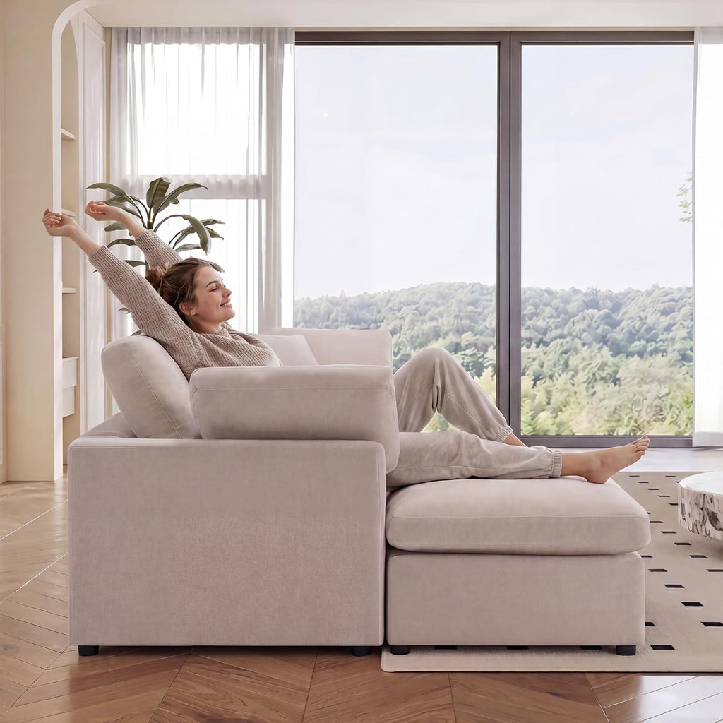 L-Shaped Modular Sectional Sofa, Modern Cloud Couch with Ottoman, 3-Seater Corner Sofa, Deep-Seated Sofas for Living Rooms, Bedroom and Apartment, Beige - Chenille