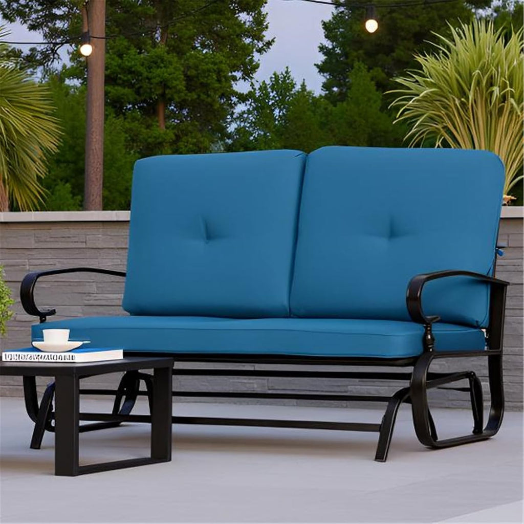 SUNCROWN Outdoor Swing Glider Chair, Patio 2 Seats Loveseat Rocking Chair with Cushions, Steel Frame Furniture - Peacock Blue