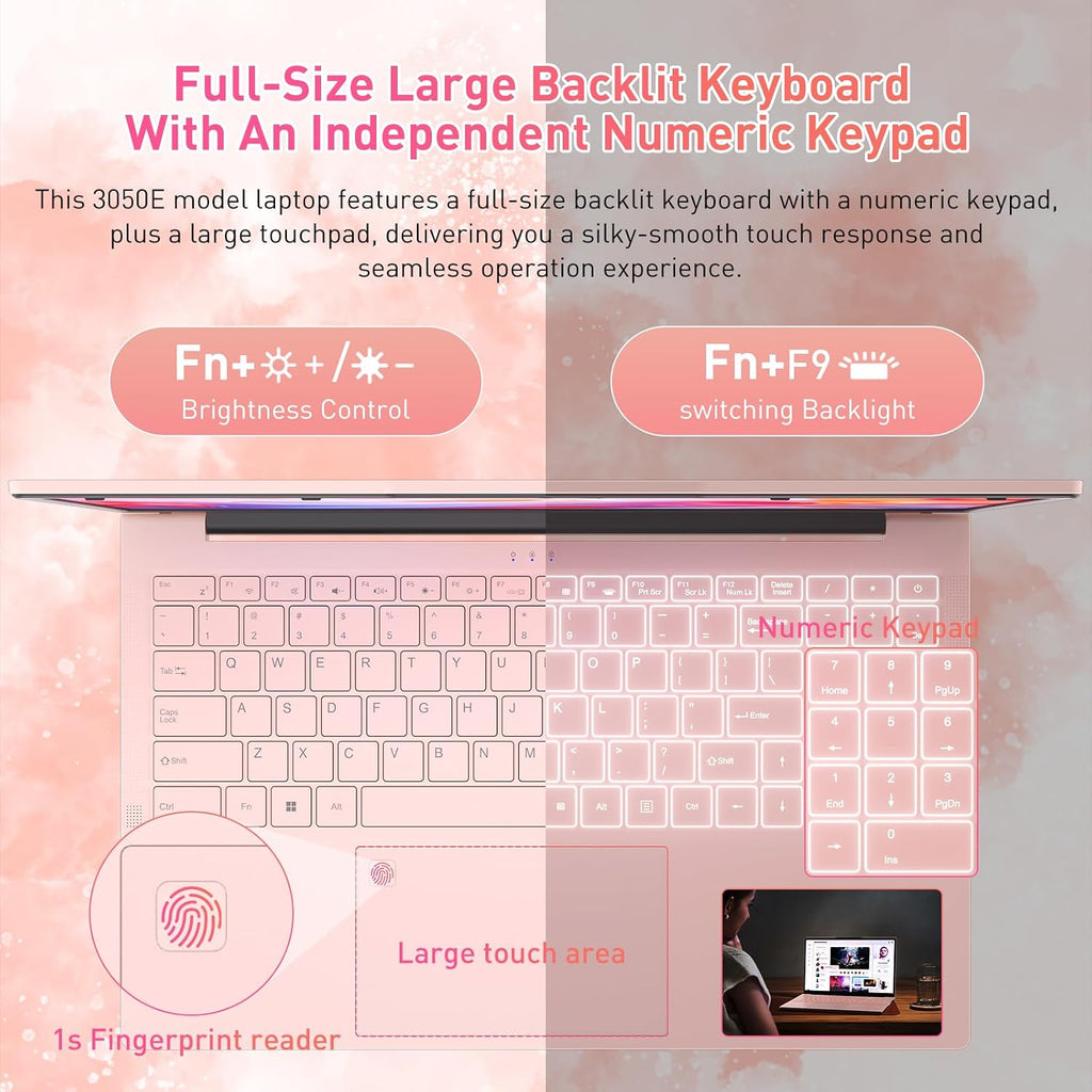 Auusda 15.6' FHD Laptop for Work, Student and Entertainment, 16GB Dual RAM 512GB SSD, Full Function USB Type C/HDMI/Backlit Keyboard/Fingerprint/USB 3.0, Win 11 Pro, Dual Core 4T Processor, Pink