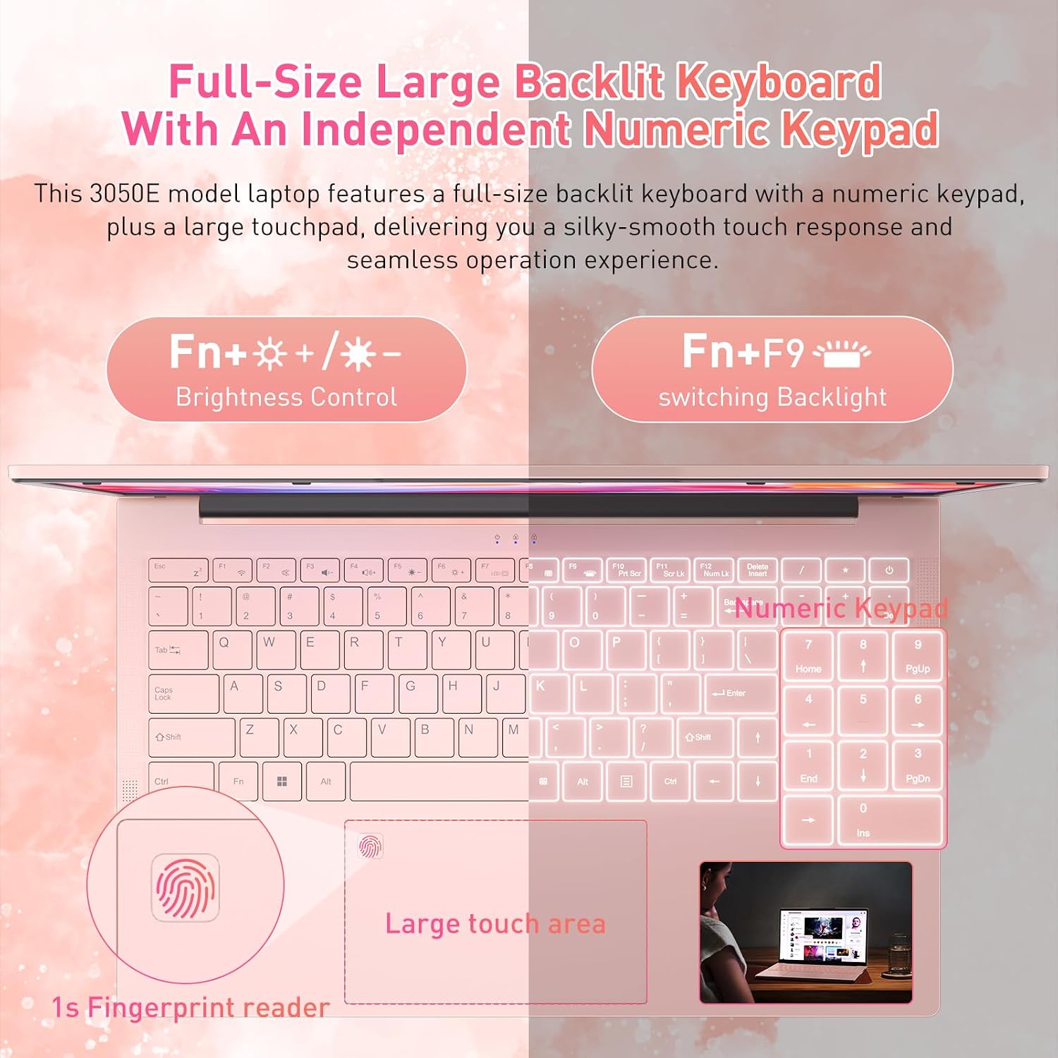 Auusda 15.6' FHD Laptop for Work, Student and Entertainment, 16GB Dual RAM 512GB SSD, Full Function USB Type C/HDMI/Backlit Keyboard/Fingerprint/USB 3.0, Win 11 Pro, Dual Core 4T Processor, Pink