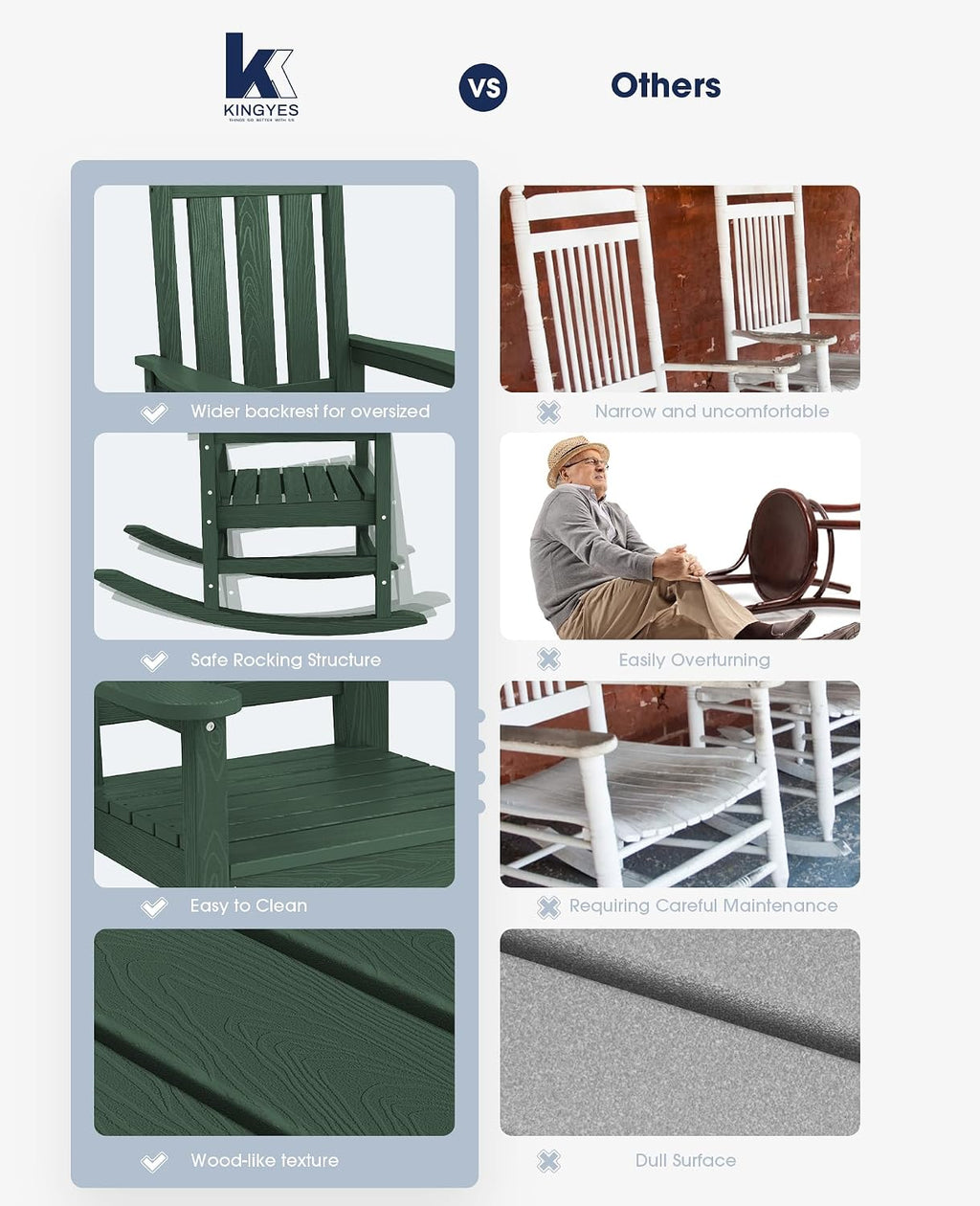 KINGYES Oversized Outdoor Rocking Chair, All-Weather Patio Rocking Chairs for Porch, HDPE Outdoor Patio Rockers with High Back & Wide Seat for Garden, Lawn, Green