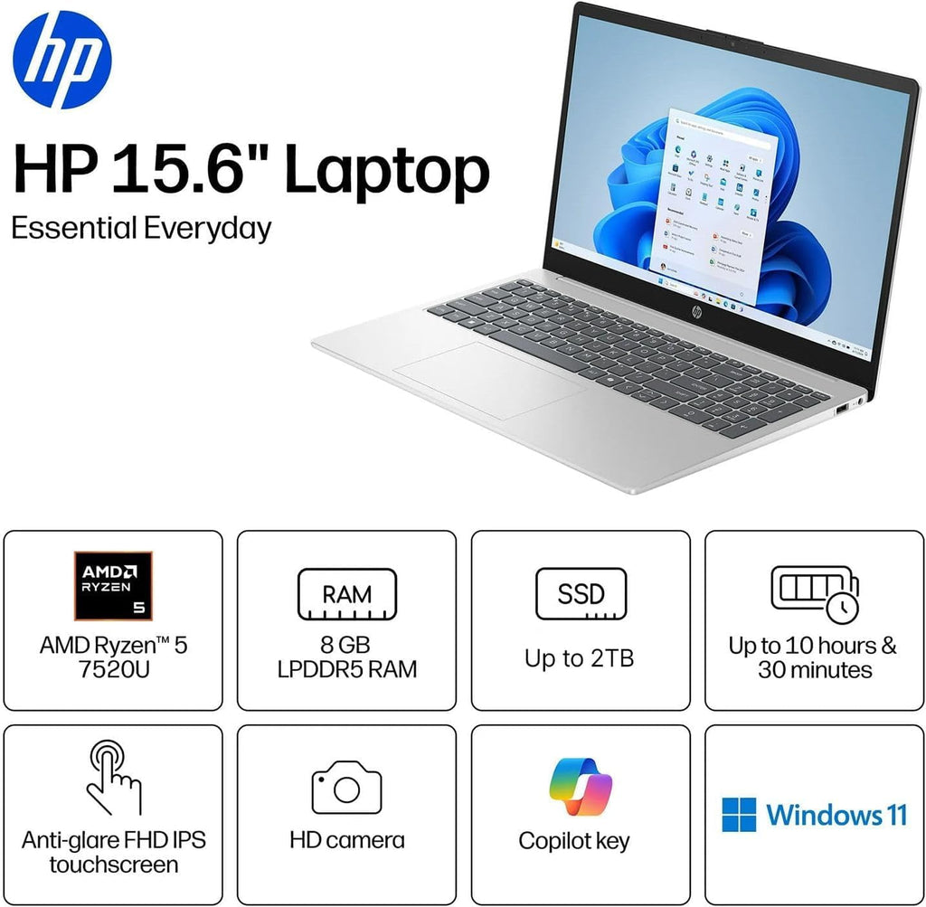 HP Touchscreen 15.6' FHD Business Laptop Computer | 2026 Edition | AMD Ryzen 5 (Up to 4.3GHz) | 8GB DDR5 RAM, 256GB PCIe SSD | AI Copilot Key | Windows 11 with Office 365 for The Web • w/o Mouse