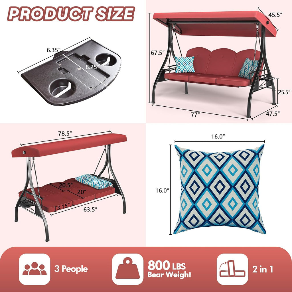 ZZW 3 Seat Outdoor Porch Patio Swing with Stand 800lbs 2-in-1 Convertible Swing Bed with Adjustable Canopy & Removable Cushion for Yard Garden Deck (Red, Square Tube)