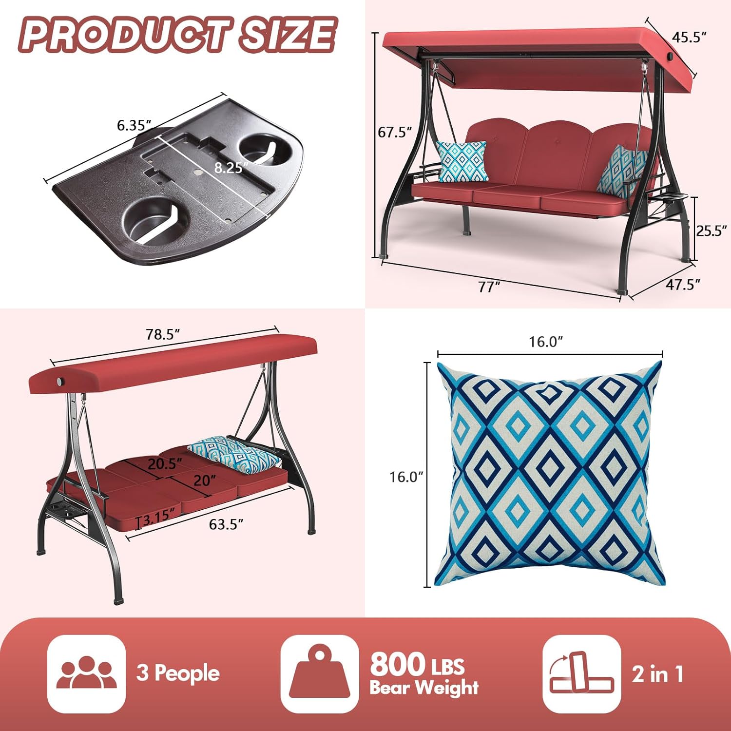 ZZW 3 Seat Outdoor Porch Patio Swing with Stand 800lbs 2-in-1 Convertible Swing Bed with Adjustable Canopy & Removable Cushion for Yard Garden Deck (Red, Square Tube)