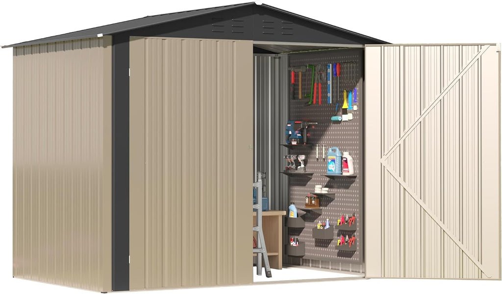 6x4 FT Outdoor Storage Shed, Metal Shed with Air Vents & Lockable Doors, Waterproof Galvanized Steel Shed for Garden, Backyard—Tool & Bicycle Storage(Brown)