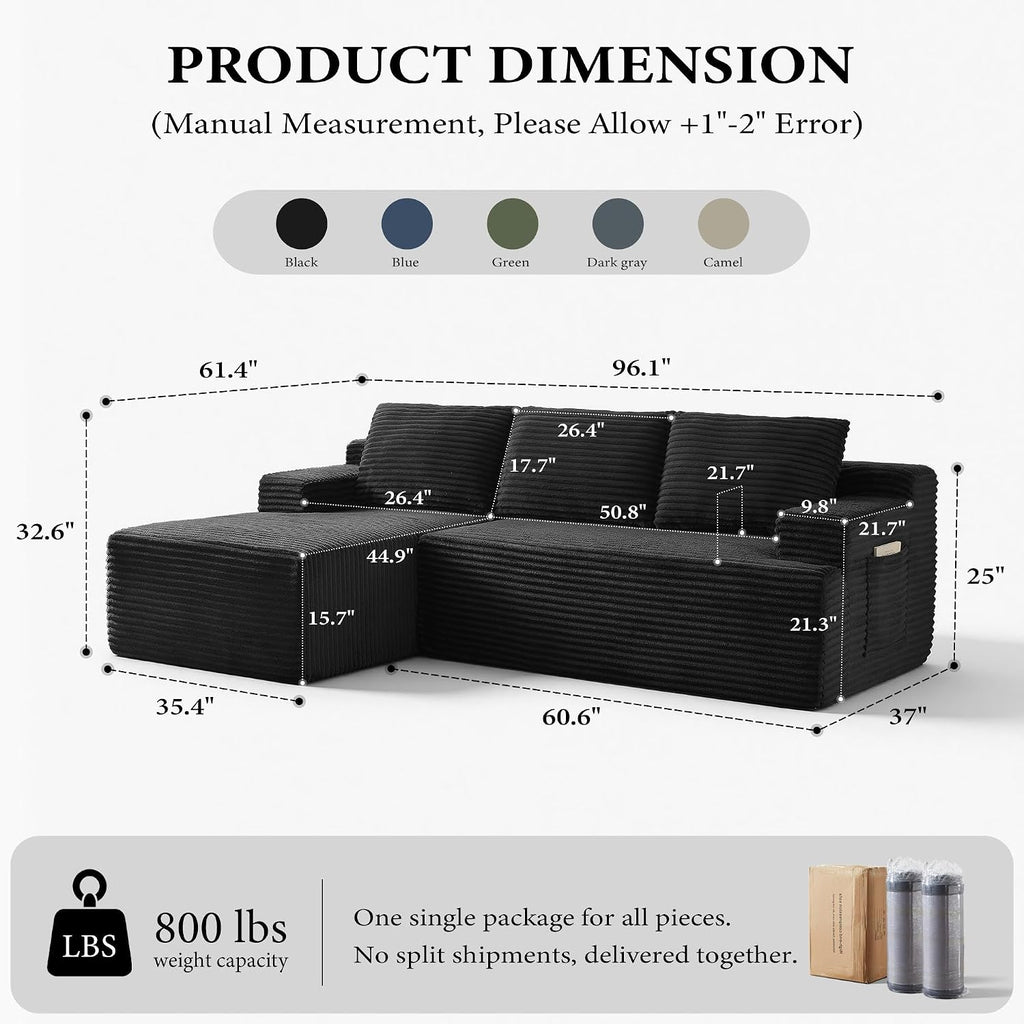 96' Sectional Couches for Living Room Cloud Couch Sofa with L-Shape Upholstered Boneless Couchs Modern Modular Sectional Couch with Chaise (Black, 96' W+Left Facing Chaise+2Seaters)