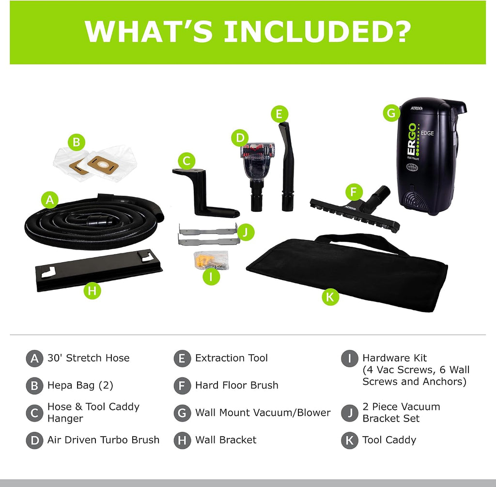 Atrix Ergo Edge Canister Shop Vac-Wall Mounted Garage Vacuum Cleaner with Built-in Dust Bag & Extendable Hose-Compact Black Design, 20 x 9 x 12