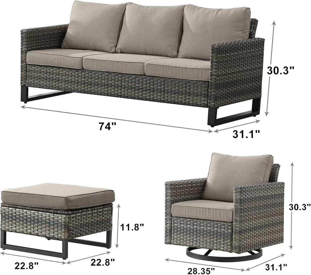 Rilyson Luxury Wicker Outdoor Patio Furniture Set of 5-5 Piece Patio Conversation Set with 2 Swivel Rocker Chairs,2 Rattan Ottoman and 1 Couch for Outside Porch Deck Backyard Garden(Mixed Grey/Beige)
