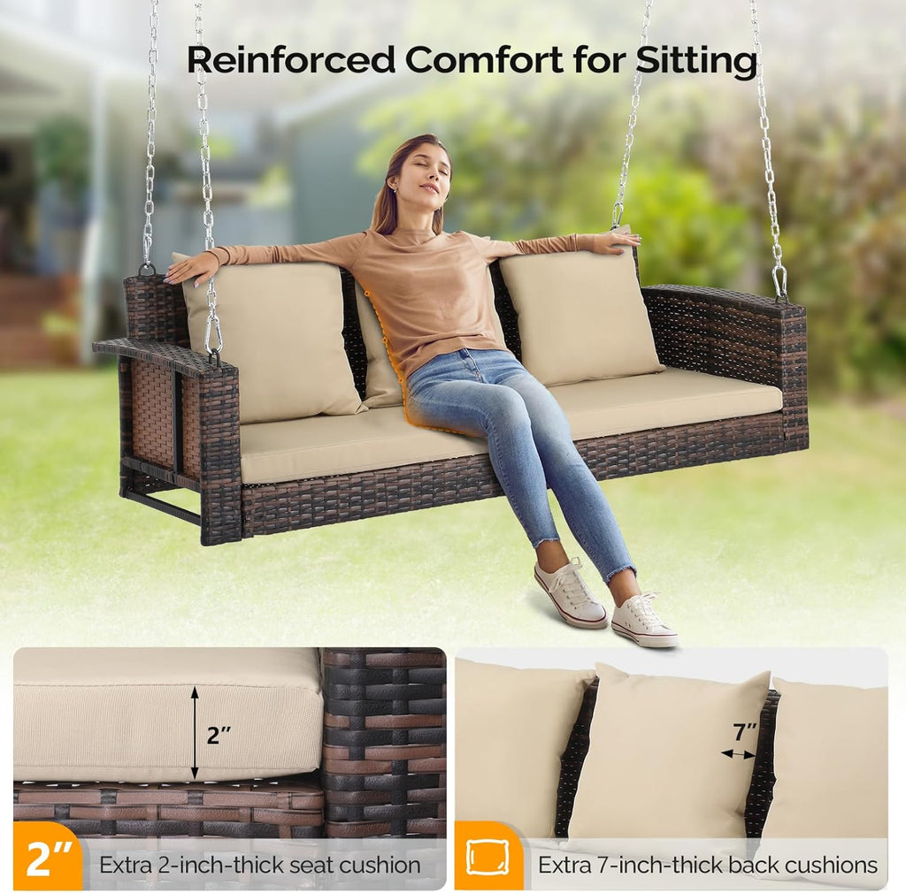 VINGLI Heavy Duty 800 LBS Wicker Hanging Porch Swing with Cushions & Chains, 5FT Outdoor Rattan Swing Bench for Garden, Yard, Lawn (Brown)