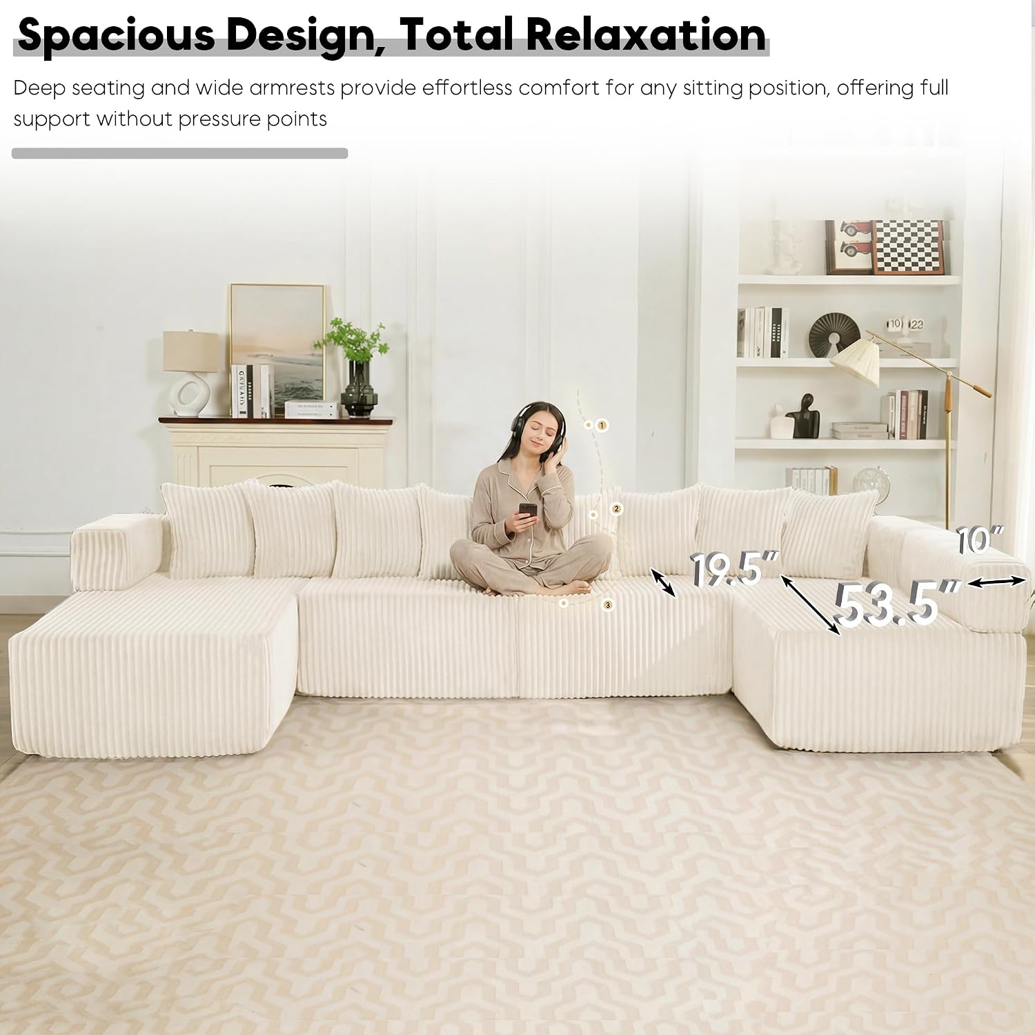 Oversized Cloud Boneless Couch with Chaise, 146' Modern U Shape Modular Deep Seat Sectional Sofa, Comfy Corduroy Upholstered Couches for Living Room, No Assembly Required-Beige