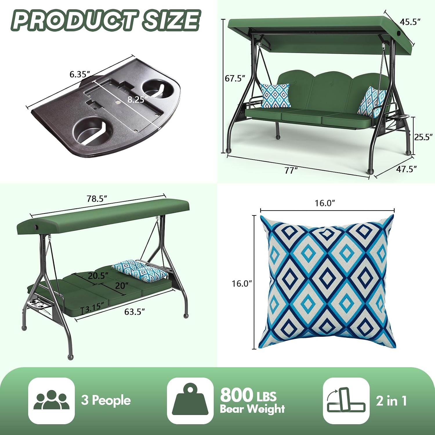 ZZW 3 Seat Outdoor Porch Patio Swing with Stand 800lbs 2-in-1 Convertible Swing Bed with Adjustable Canopy & Removable Cushion for Yard Garden Deck (Green, Round Tube)