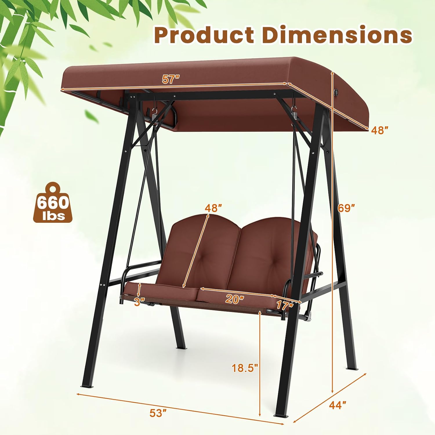 Tangkula 2 Person Porch Swing, Patio Swing with Adjustable Canopy, Heavy-Duty Metal Frame & Soft Cushion, Outdoor Swing for Backyard, Garden (Brown)
