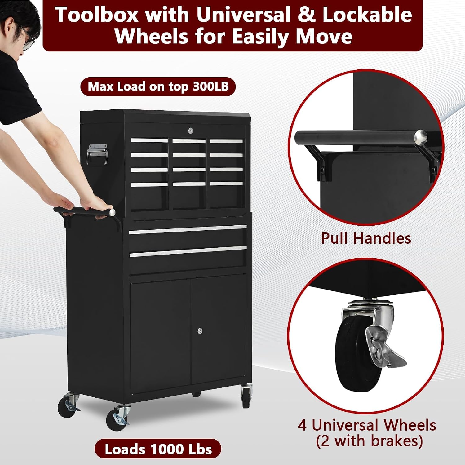 8-Drawer Rolling Tool Chest, 2-in-1 High Capacity Removable Cabinet Storage Tool Box with Wheels and Drawers, Detachable Toolbox with Lock for Workshop Mechanics Garage (Black)