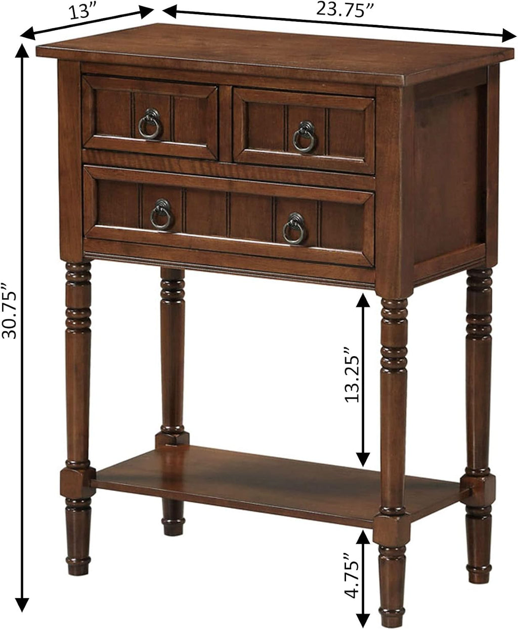Convenience Concepts Kendra Entryway Hall Table 23.75' - 3 Storage Drawers, Traditional Console with Shelf for Decor, Office & Hallway Organizer, No Tools Assembly, Solid Wood Legs, Espresso