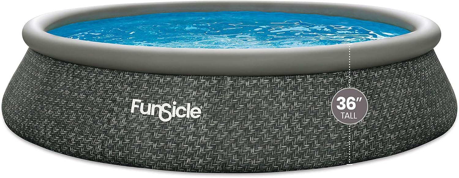 Funsicle 15' x 36' QuickSet Round Inflatable Ring Top Outdoor Above Ground Swimming Pool Set with Pump and Cartridge Filter, Dark Herringbone