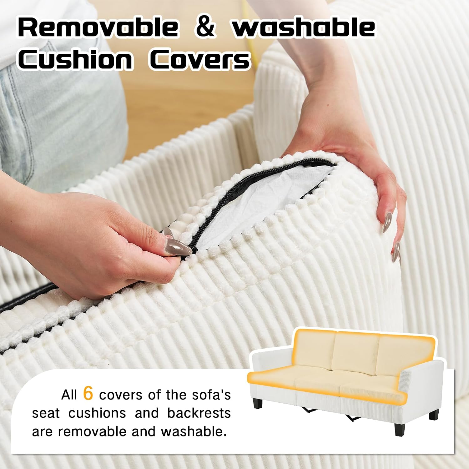 3 Seater Couch, 84' Comfy Corduroy Sofa with Deep Seat for Living Room, Modern Upholstered White Sofa Couches for Bedroom, Apartment and Office (Pillows Not Include)