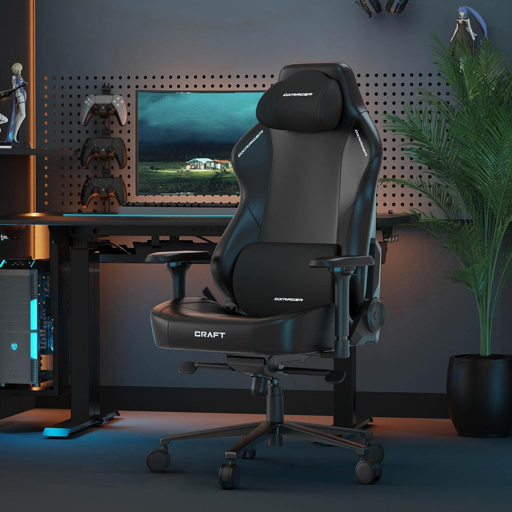 DXRacer Craft L Video Gaming Chair for Adults, Ergonomic Office Reclining Computer Chair with Magnetic Head Pillow and Lumbar Support, Racing Style Height Adjustable (EPU Leatherette, Black)