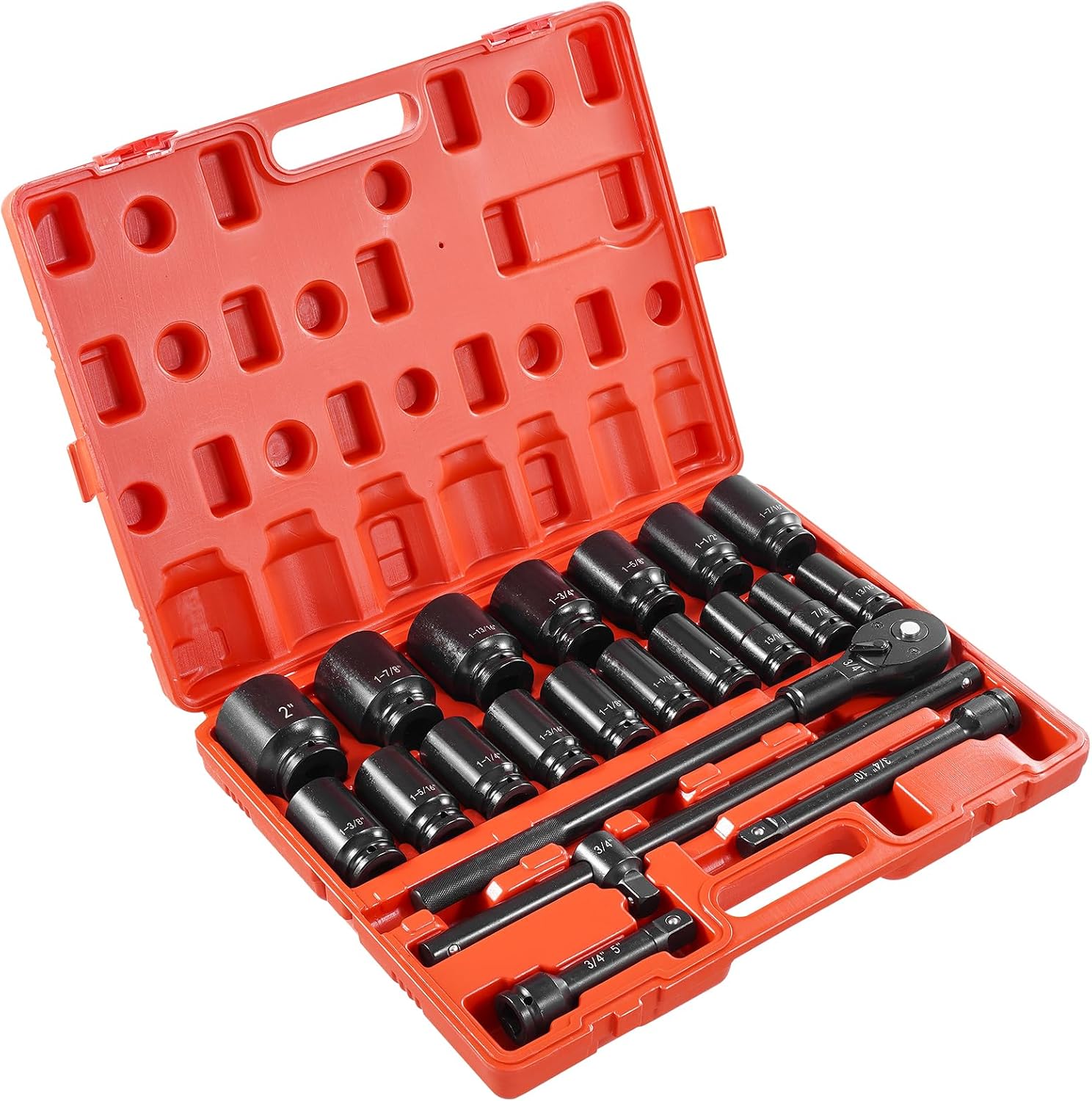 VEVOR Impact Socket Set 3/4 Inches 22 Piece Deep Impact Sockets, 6-Point Sockets, Rugged Construction, CR-V Drive Socket Set Impact SAE 13/16 inch - 2 inch, Includes Carrying Case and Ratchet Handle