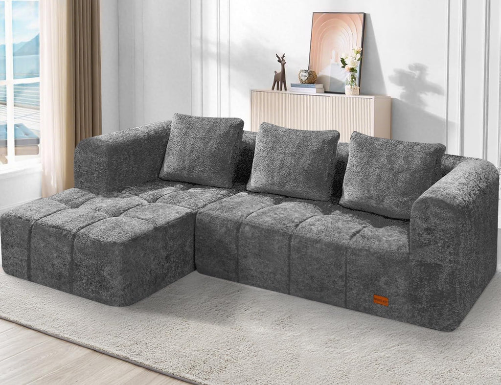 HABUTWAY 103' L-Shaped Modular Sectional Sofa, No Assembly Required Deep Seat Couch with 3 Pillows, Soft Fabric Upholstered, Modern Chaise Lounge for Living Room, Bedroom, Grey