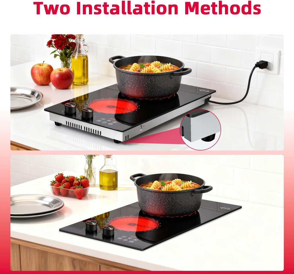 2 Burner Electric Cooktop 110v Hobsir, 2000W Electric Stove Top Burner 12 Inch, 9 Power Levels, Knob & Touch Control, Plug in Cooktop 120v, 99 Mins Timer, Safety Lock, Automatic shutdown
